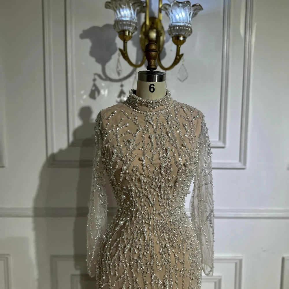 Serene Hill 2025 Saudi Arabic Pearls Beaded Nude Mermaid Evening Dresses For Formal Occasion LA72345A Customized