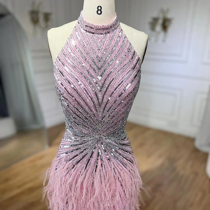 Serene Hill Dubai Halter Beige  Feathers Beaded Formal Luxury Mermaid Evening Dresses For Women Wedding Party 2025 LA70623A