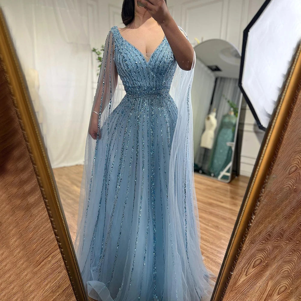 Nude Arabic Luxury Cape Sleeves Evening Dresses Gowns A-Line Beaded 2025 For Party LA71567 Customized