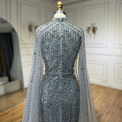 Muslim Nude Mermaid Cape Sleeves Pearls Beaded Luxury Dubai Evening Dresses Gowns 2025 Wedding Party LA72372 Customized