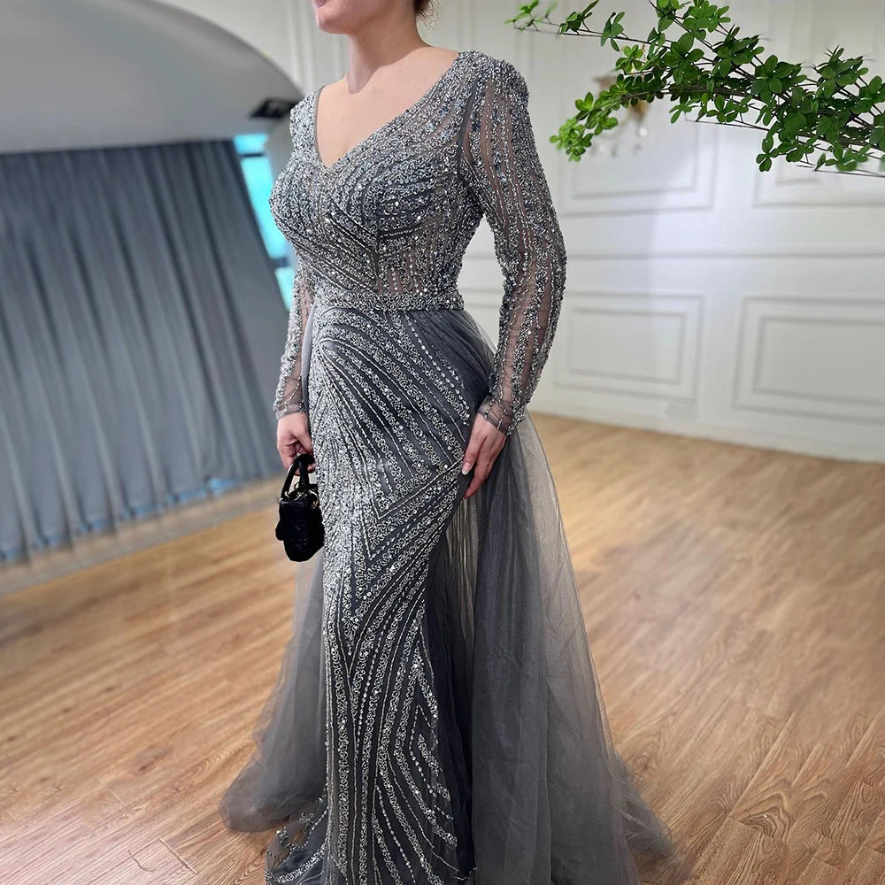 Serene Hill  Mermaid Beaded  Blue Muslim  Evening Dresses Gowns  with Detachable Skirt 2025  LA71750 Customized