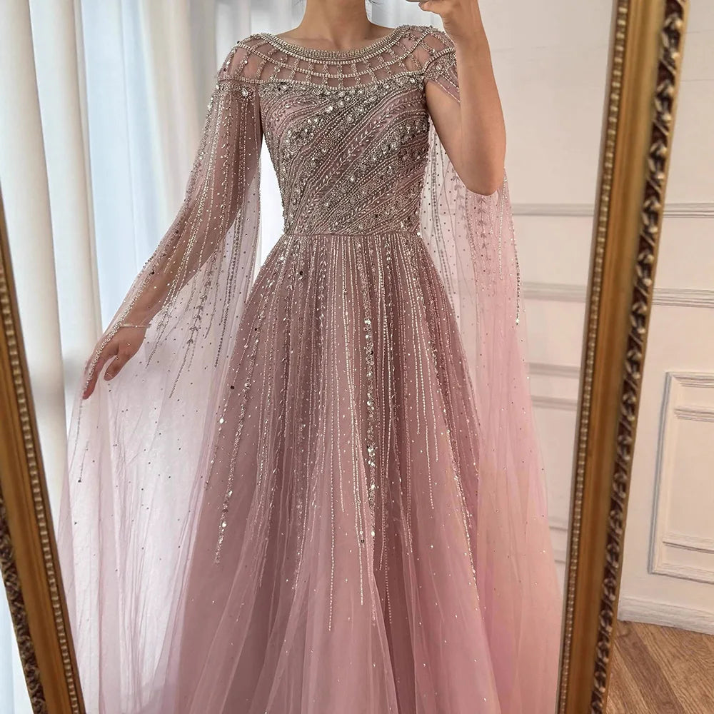 Luxury Caramel Evening Dress with Cape Long Sleeve Beaded Formal Gown for  Occasion Serene Hill 2025 LA72994 Customized
