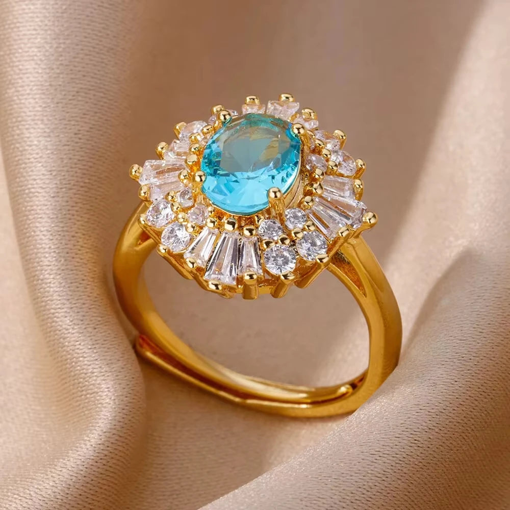 Luxury Blue Colorful Zircon Rings For Women Stainless Steel Gold Plated Flower Butterfly Ring Exquisite Party Shiny Jewelry 2025