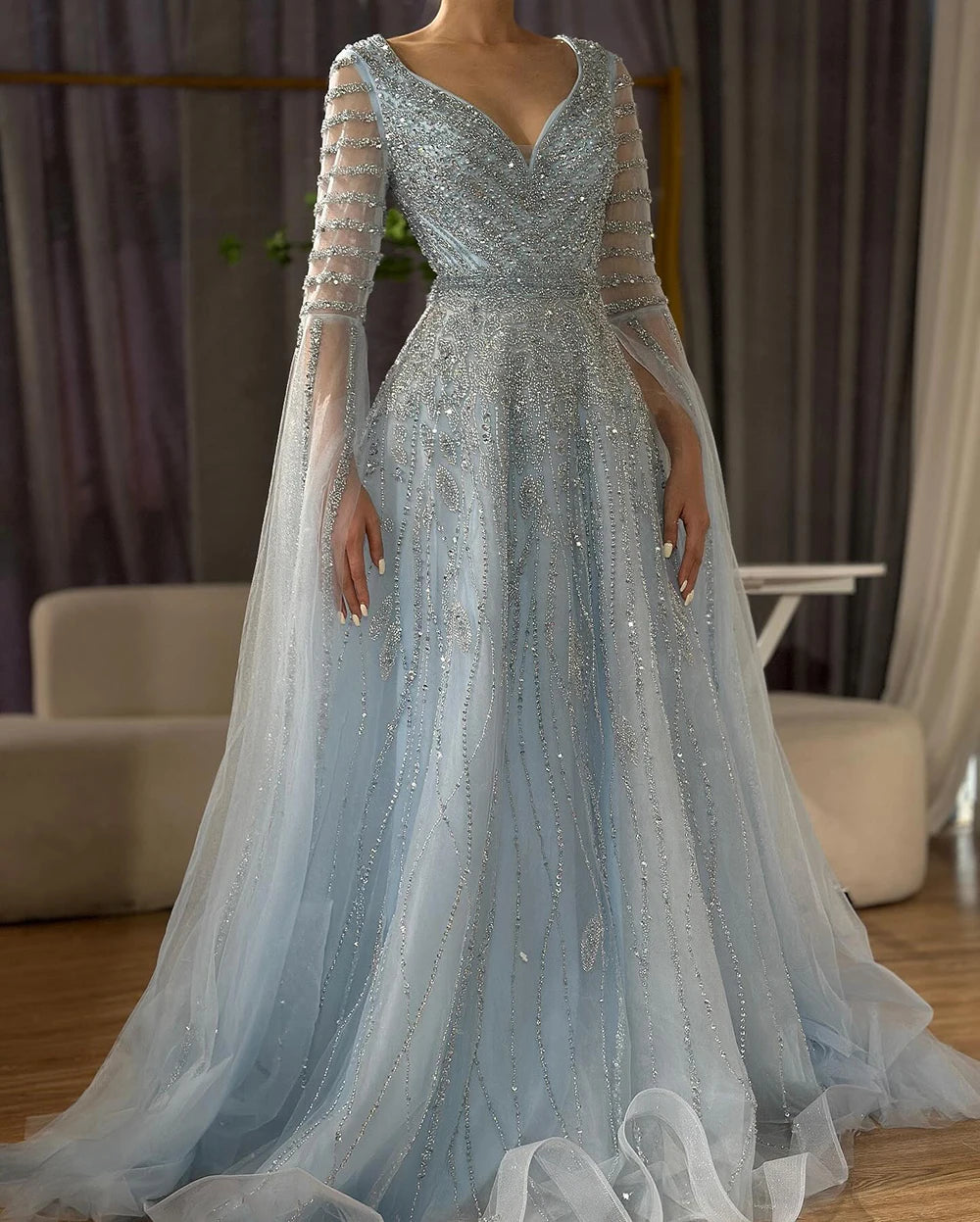 Customized 2025 Arabic Caramel Elegant A-Line Beaded Long Evening Dresses Gowns With Cape Sleeves For Formal Occasio LA72750