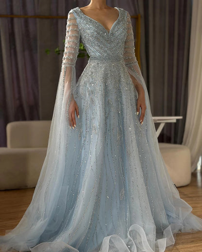 Customized 2025 Arabic Caramel Elegant A-Line Beaded Long Evening Dresses Gowns With Cape Sleeves For Formal Occasio LA72750