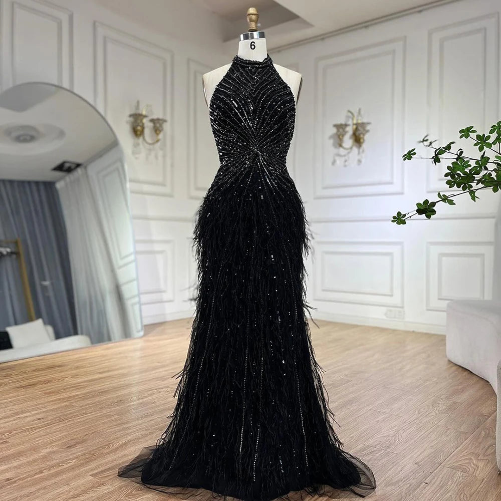 Serene Hill Dubai Halter Beige  Feathers Beaded Formal Luxury Mermaid Evening Dresses For Women Wedding Party 2025 LA70623A