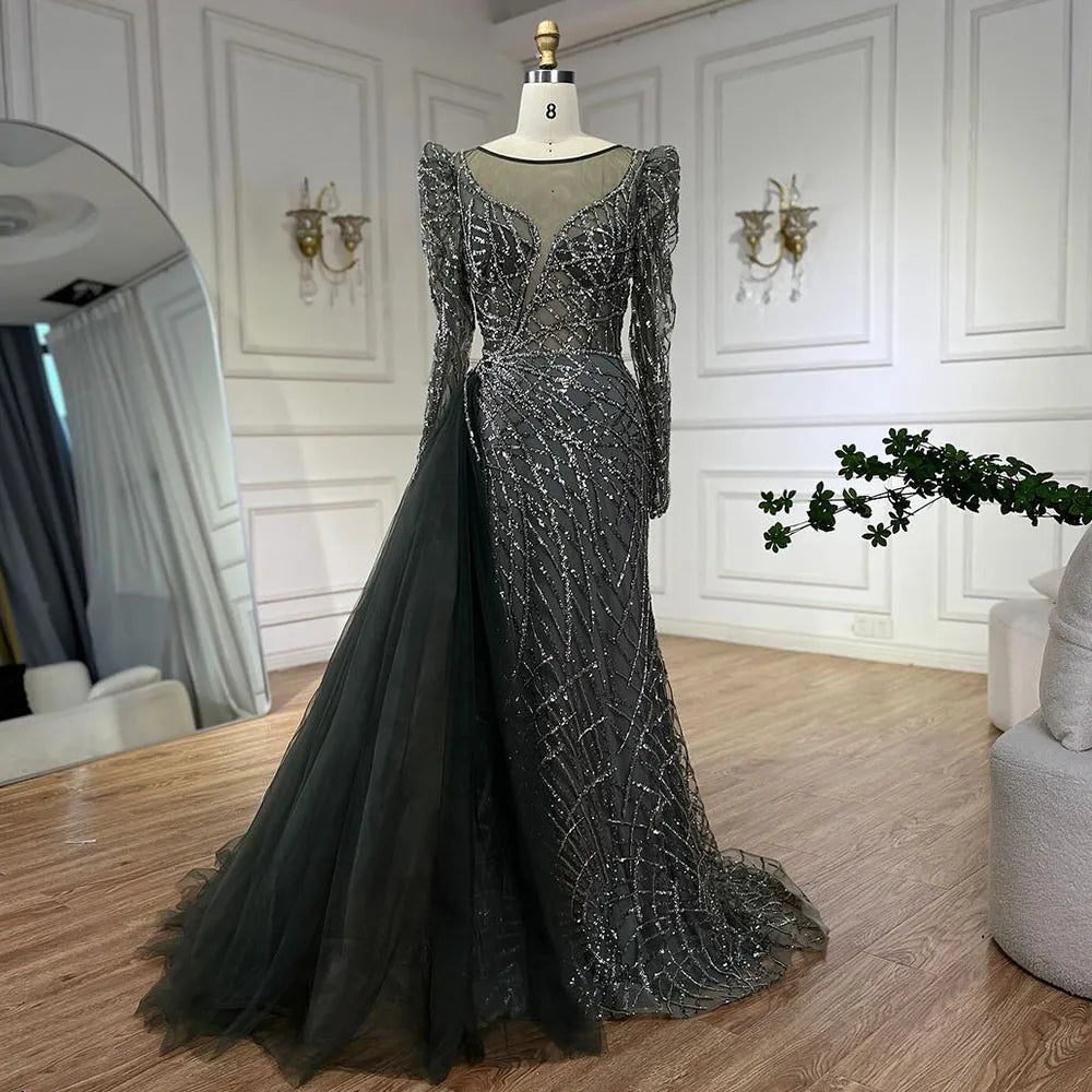 Serene Hill Muslim Gold Mermaid Beaded  Dubai Evening Dresses Gowns With Overskirt 2025 For  Party LA72206 Customized
