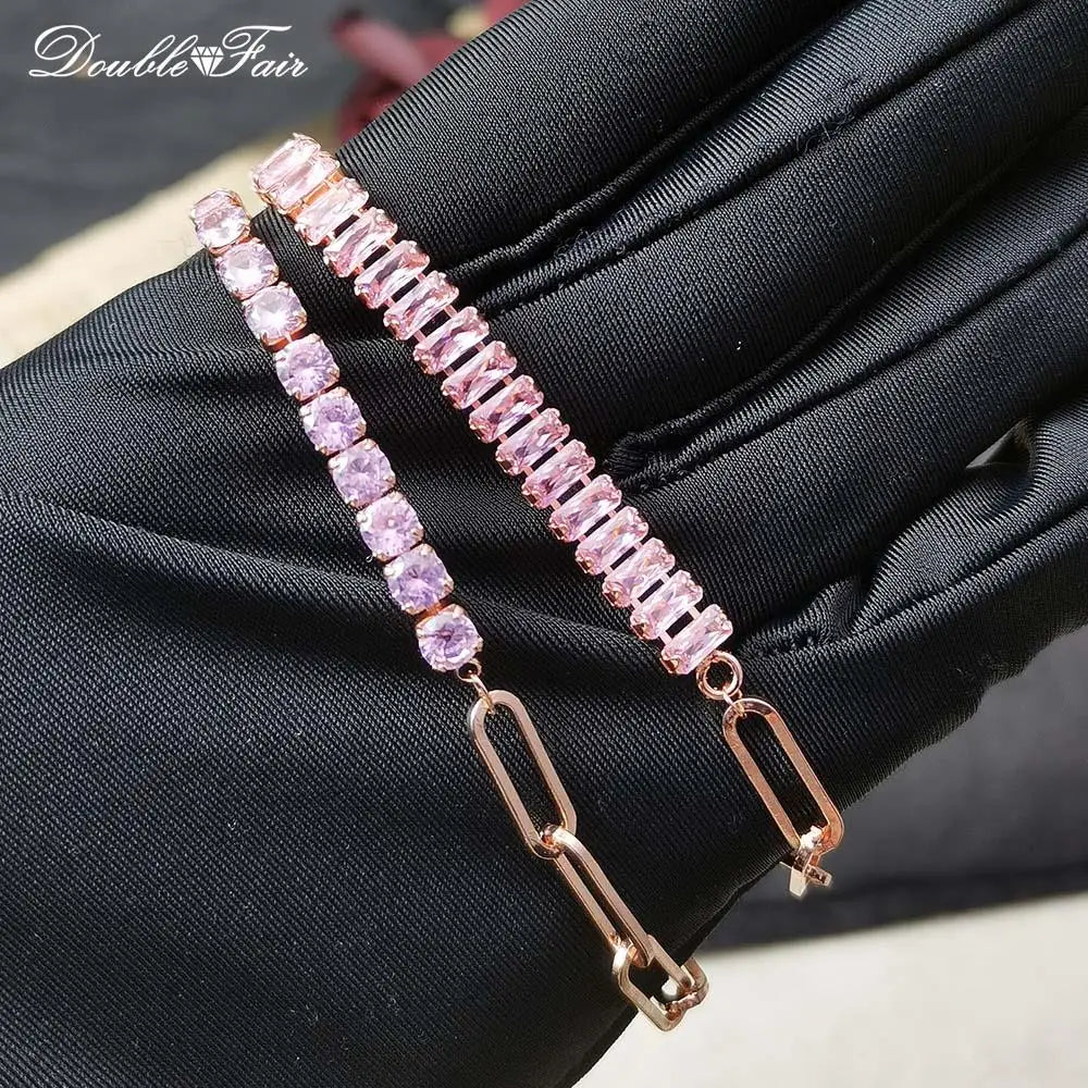 Romantic Pink Crystal Tennis Bracelets for Female Women Trend Shiny Zirconia Adjustable Folding Buckle Chain on Hand Jewelry