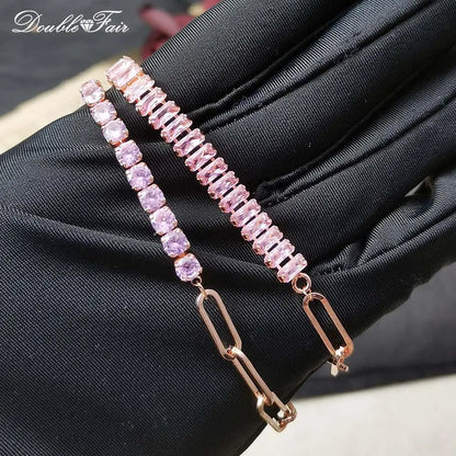 Romantic Pink Crystal Tennis Bracelets for Female Women Trend Shiny Zirconia Adjustable Folding Buckle Chain on Hand Jewelry