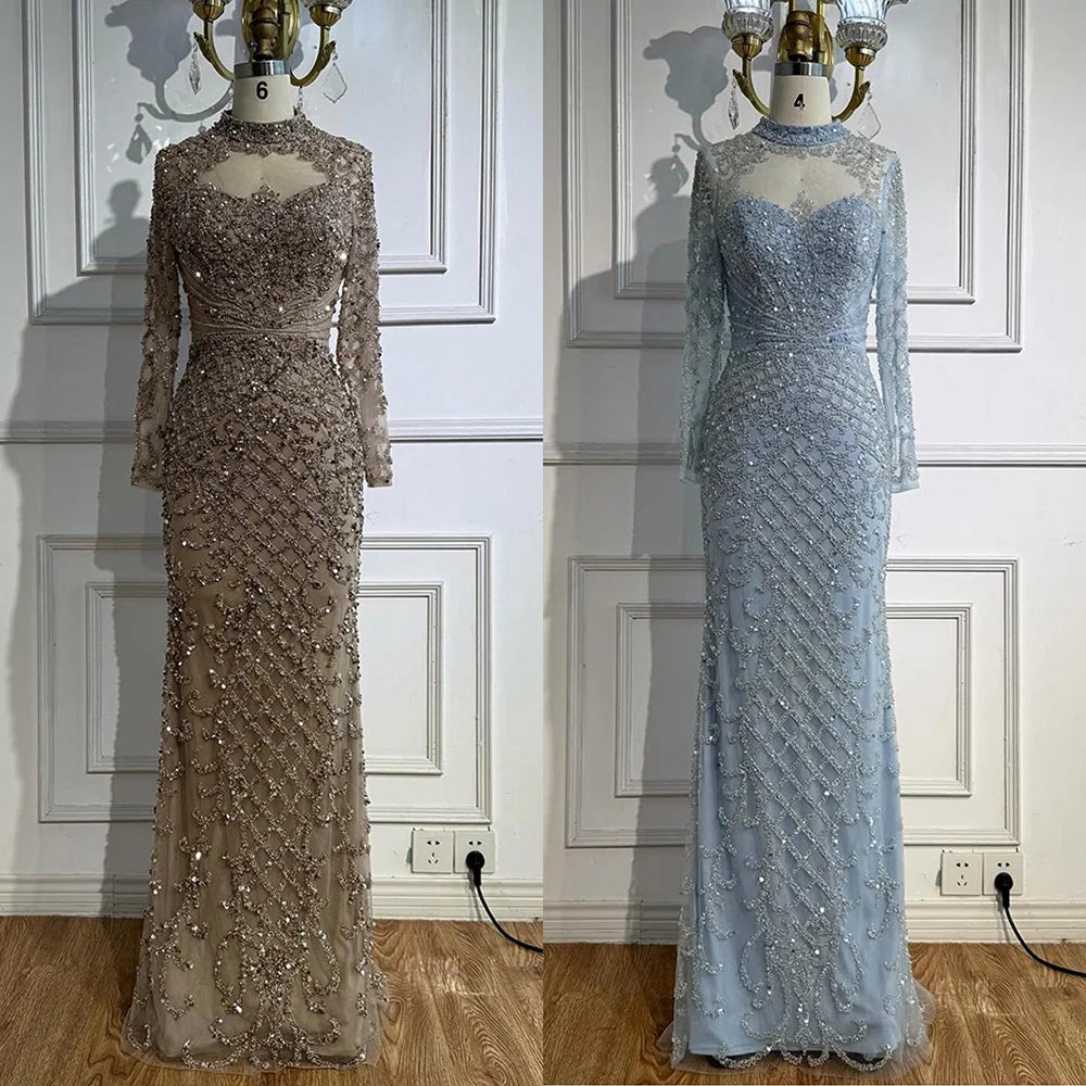 Luxury Caramel Beaded Evening Dress with High Neck Long Sleeves Mermaid Gown Serene Hill 2025 Customized LA71747A