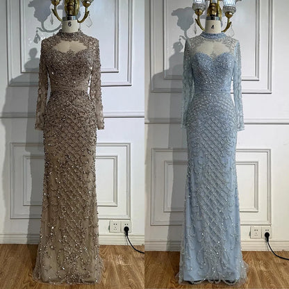 Luxury Caramel Beaded Evening Dress with High Neck Long Sleeves Mermaid Gown Serene Hill 2025 Customized LA71747A