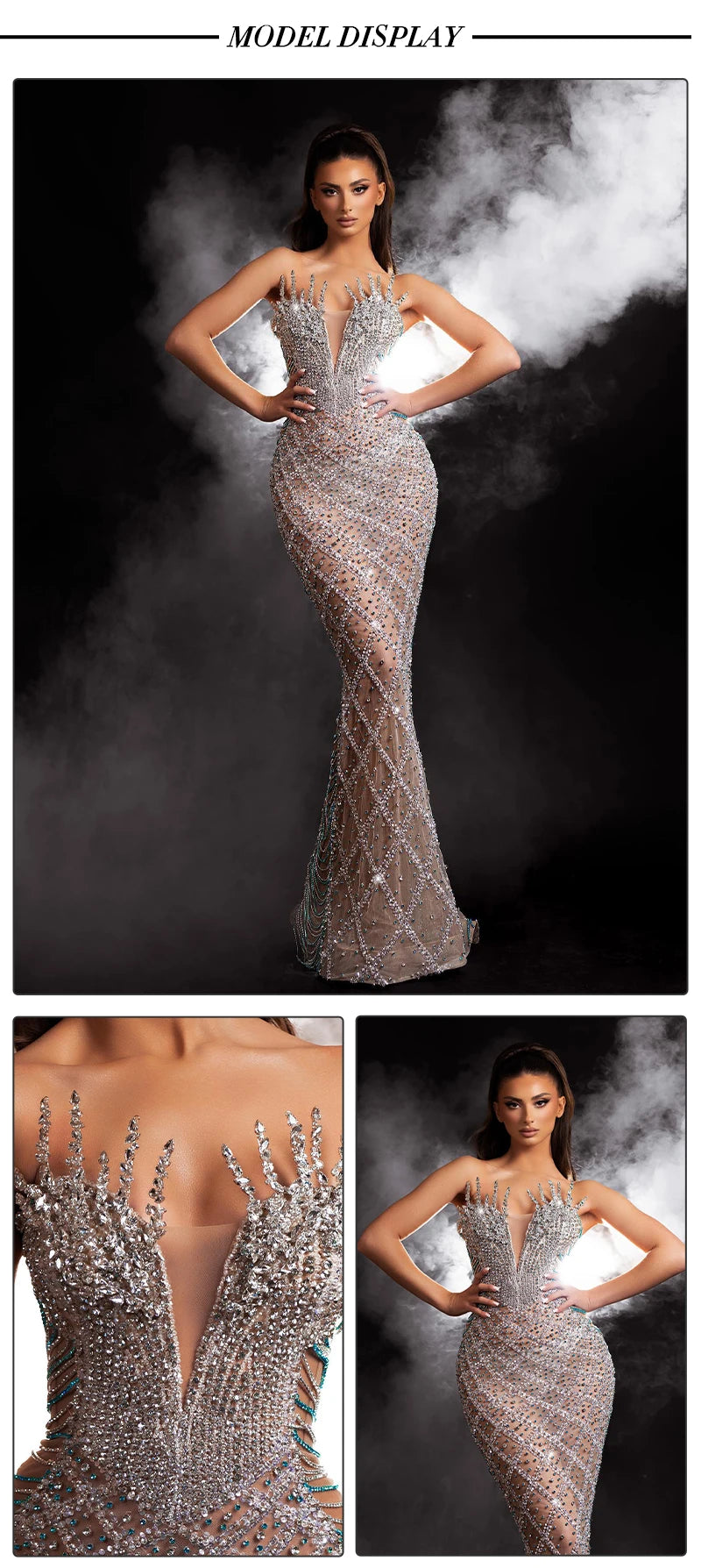 VC Fashion Silver Sequin Strapless Mermaid Dress Gown with Crystal Accents for Luxury Award Ceremonies