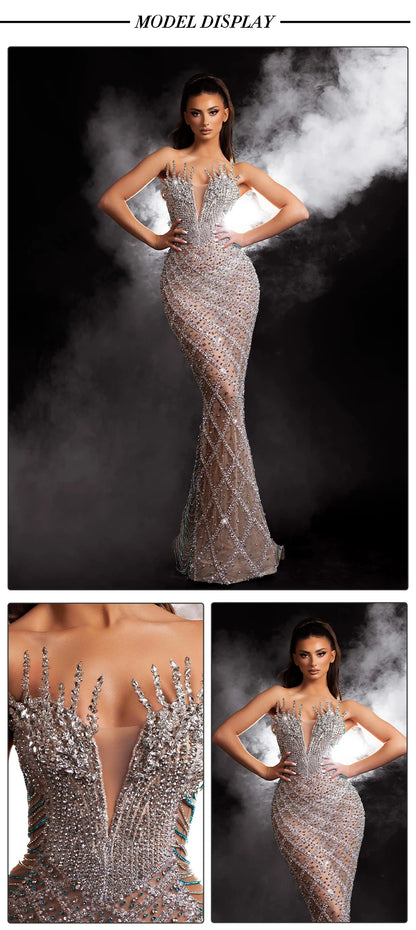 VC Fashion Silver Sequin Strapless Mermaid Dress Gown with Crystal Accents for Luxury Award Ceremonies