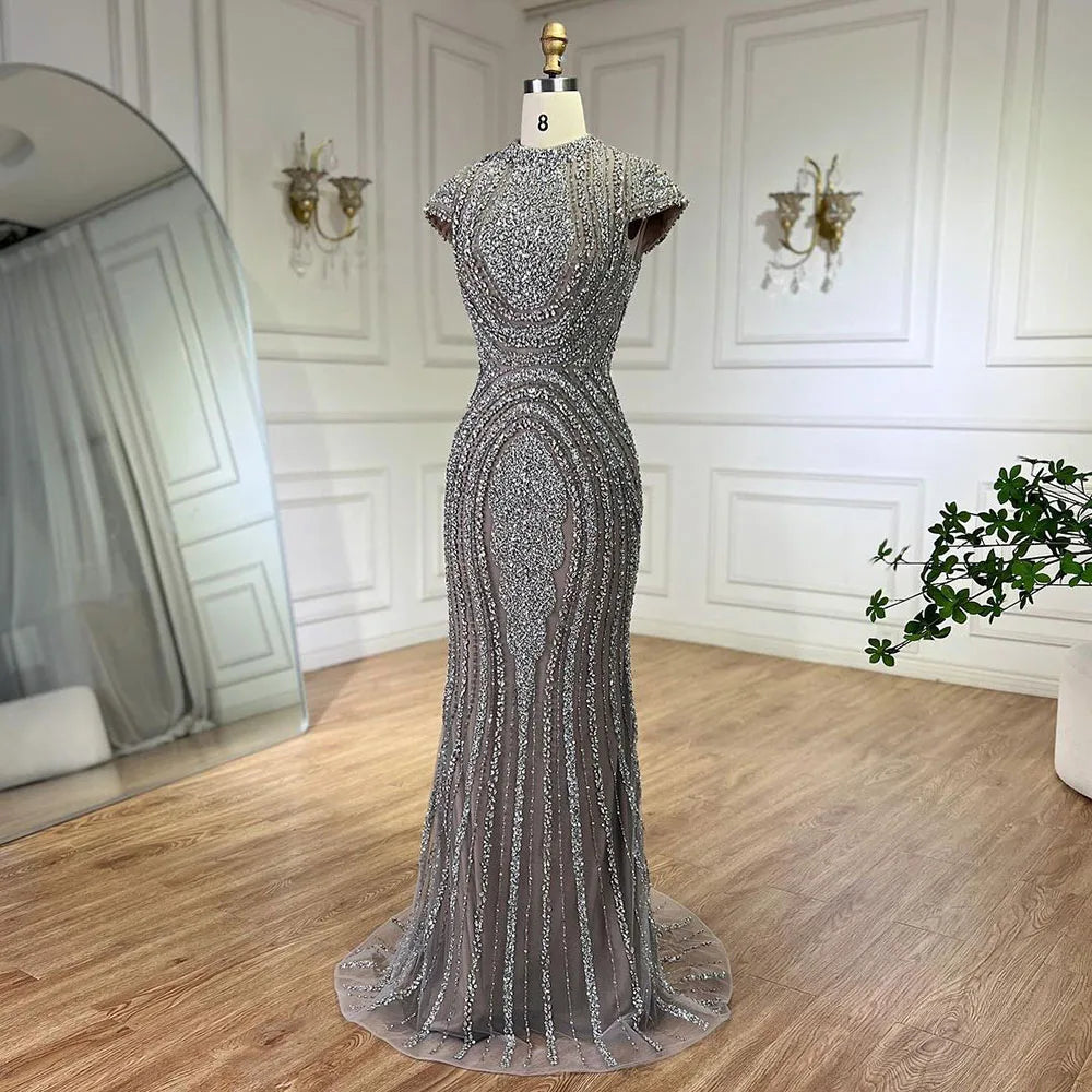 2025 Arabic Dubai Gray Nude Mermaid Floor Length Beaded Luxury Evening Dresses Gowns For Wedding Party LA72344 Customized