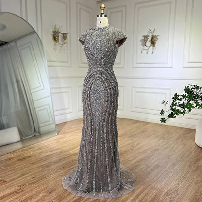 2025 Arabic Dubai Gray Nude Mermaid Floor Length Beaded Luxury Evening Dresses Gowns For Wedding Party LA72344 Customized