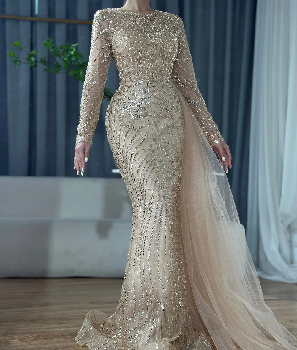 Serene Hill Caramel Beaded Mermaid Long Arabic Evening Dresses Gowns With Overskirt for Formal Occasion 2025 LA71673A Customized