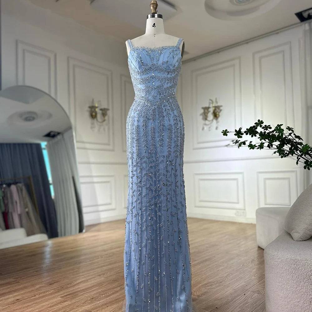 Luxury Arabic Blue Beaded Spaghetti Strap Pink Mermaid Evening Dress for Women Party Serene Hill 2025 Customized LA72725