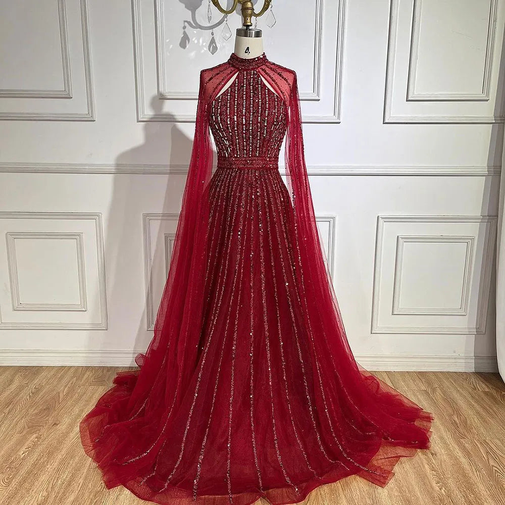 Serene Hill Arabic Turquoise A Line Cape Sleeve Beaded   Evening Dresses Gowns For Occasion 2025 LA72306A Customized