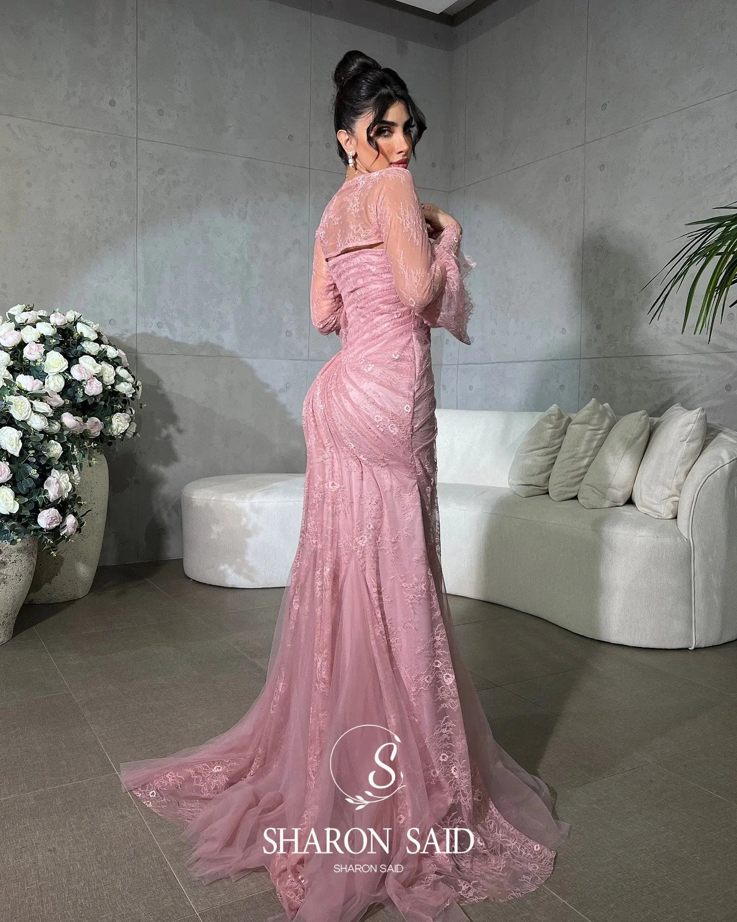 Sharon Said Pink Strapless Lace Evening Dress with Jacket Full Sleeves for Women Wedding Party Formal Gown SF304 Customized