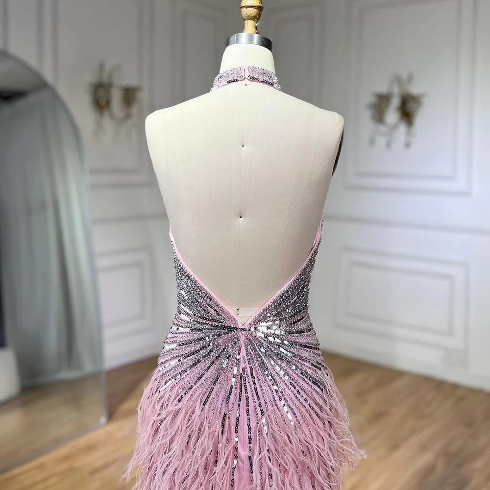 Serene Hill Dubai Halter Beige  Feathers Beaded Formal Luxury Mermaid Evening Dresses For Women Wedding Party 2025 LA70623A