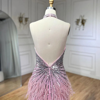 Serene Hill Dubai Halter Beige  Feathers Beaded Formal Luxury Mermaid Evening Dresses For Women Wedding Party 2025 LA70623A