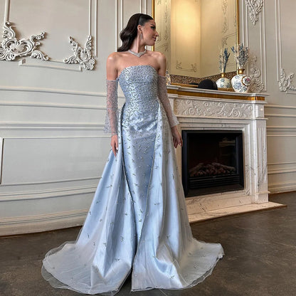 Serene Hill Customized 2025 Arabic Strapless Gray Blue Beaded Pearls Dubai Evening Dresses For Formal Occasion LA72705