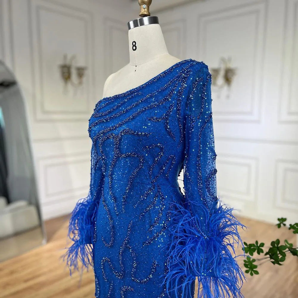Serene Hill Blue Mermaid Elegant One-Shoulder Beaded Feathers  Evening Dress Gown for 's Wedding Party 2025 LA72395 Customized