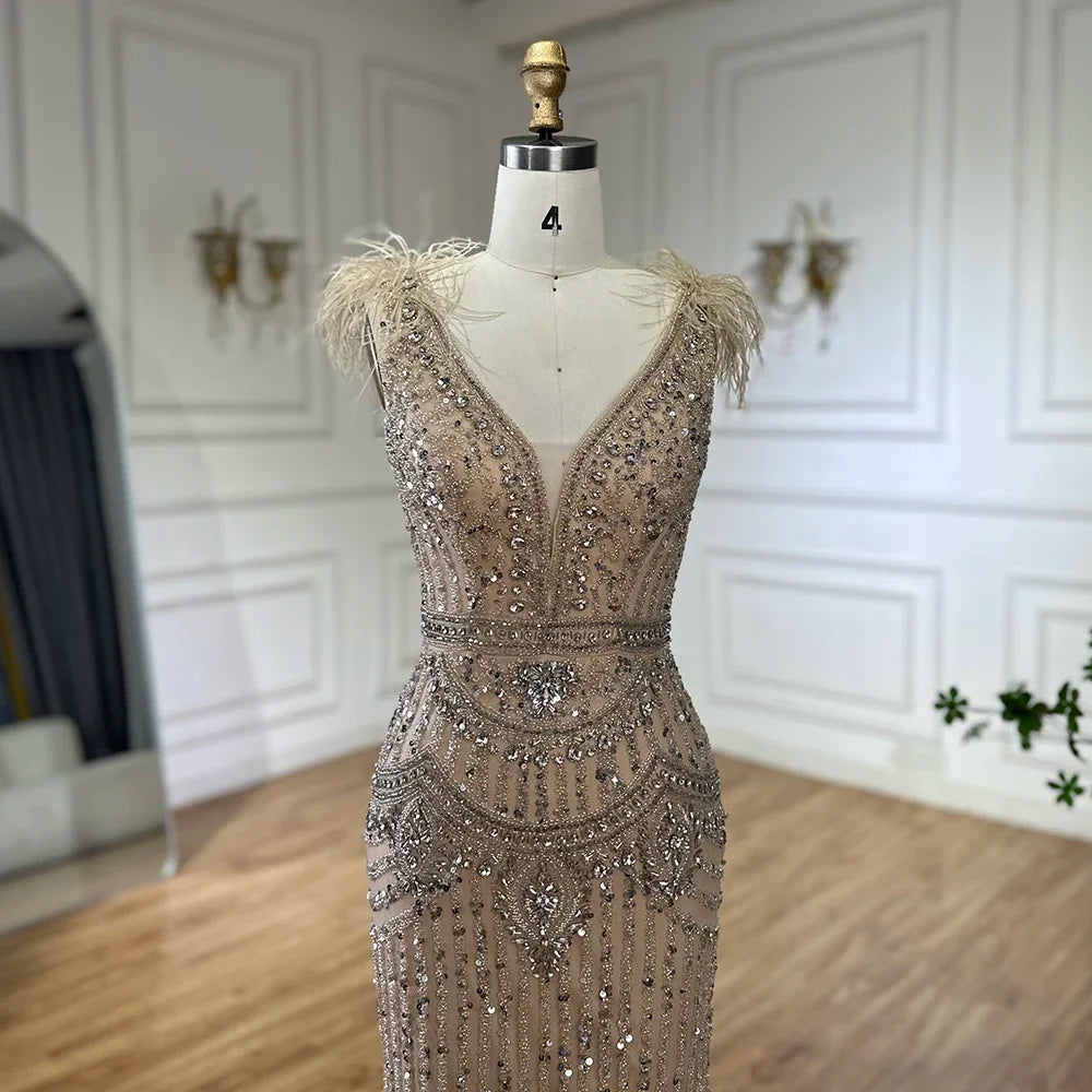 Serene Hill 2025 Arabic Blue Split Mermaid Beaded Feathers Long Evening Dresses Gowns For Occasion LA72742 Customized