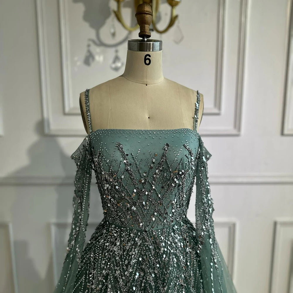 Turquoise Saudi A Line Luxury Evening Dress with Long Sleeves Cape for Formal Occasion Serene Hill 2025 LA72957 Customized