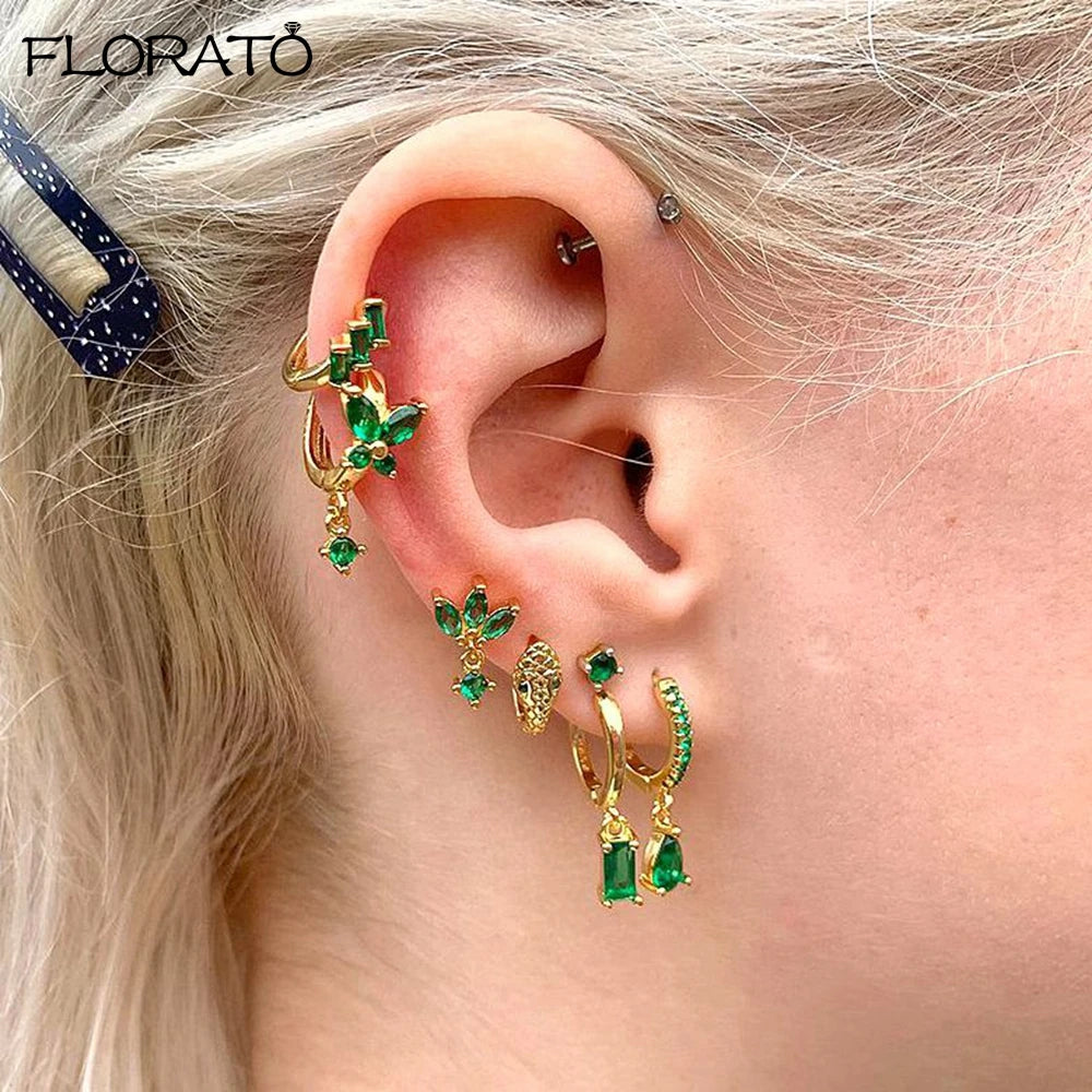 925 Sterling Silver Needle Luxury Green Zircon Pendant Earrings Trend Gold Color Small Hoop Earrings for Women Fashion Jewelry