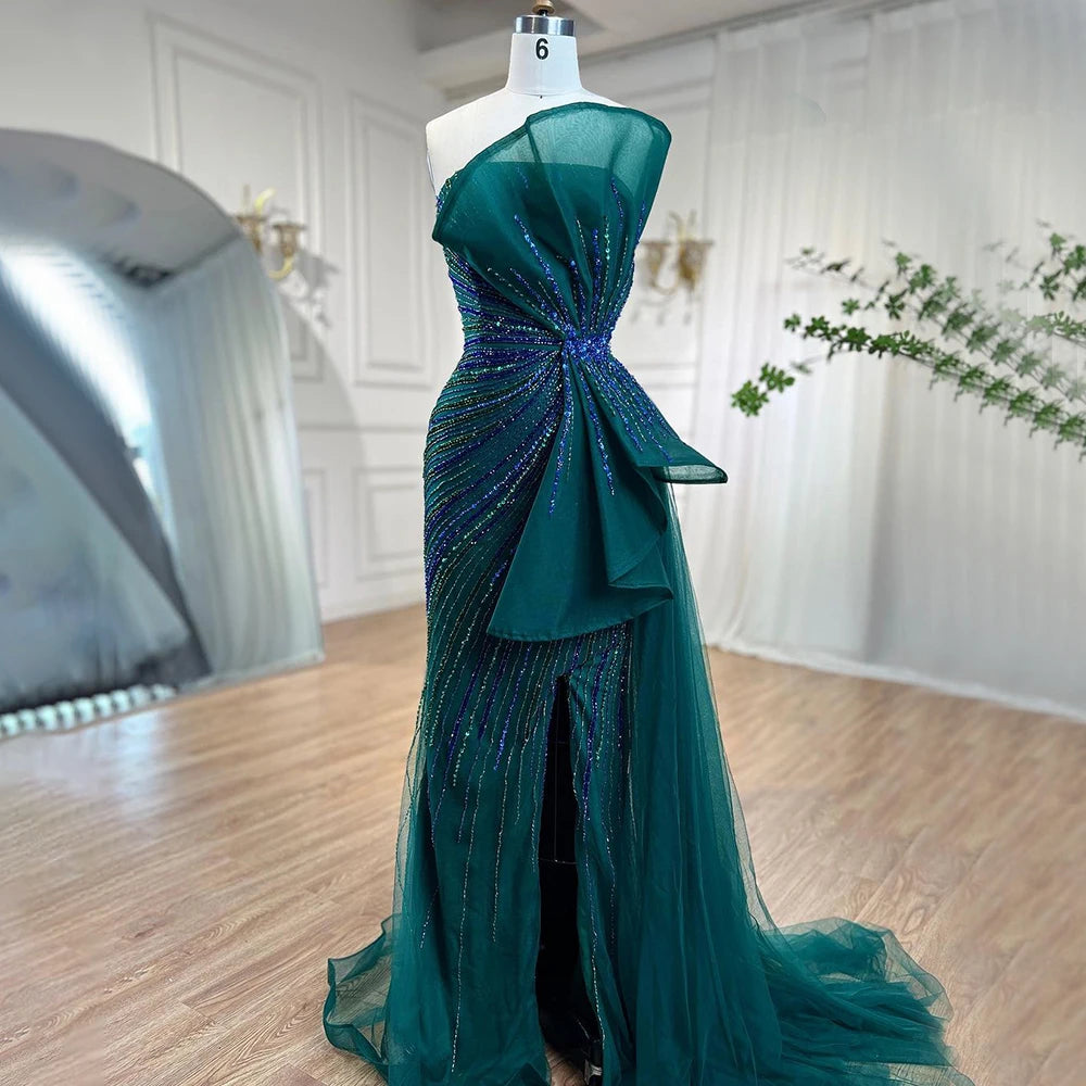 Serene Hill Dubai Green Beaded Mermaid High Split Evening Dresses 2025 Prom  For Party LA72090 Customized