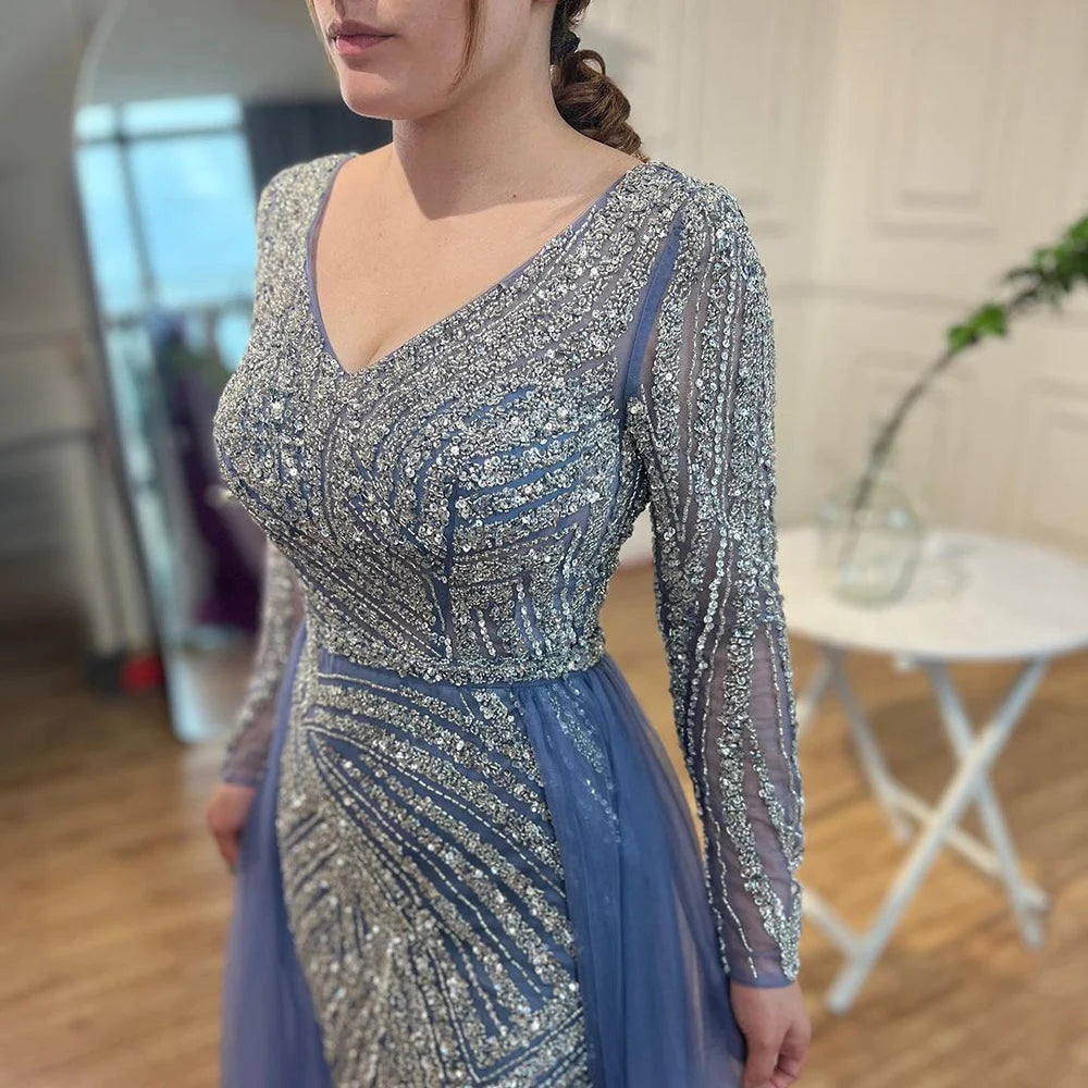 Serene Hill  Mermaid Beaded  Blue Muslim  Evening Dresses Gowns  with Detachable Skirt 2025  LA71750 Customized
