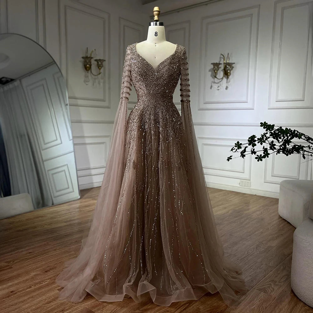 Customized 2025 Arabic Caramel Elegant A-Line Beaded Long Evening Dresses Gowns With Cape Sleeves For Formal Occasio LA72750