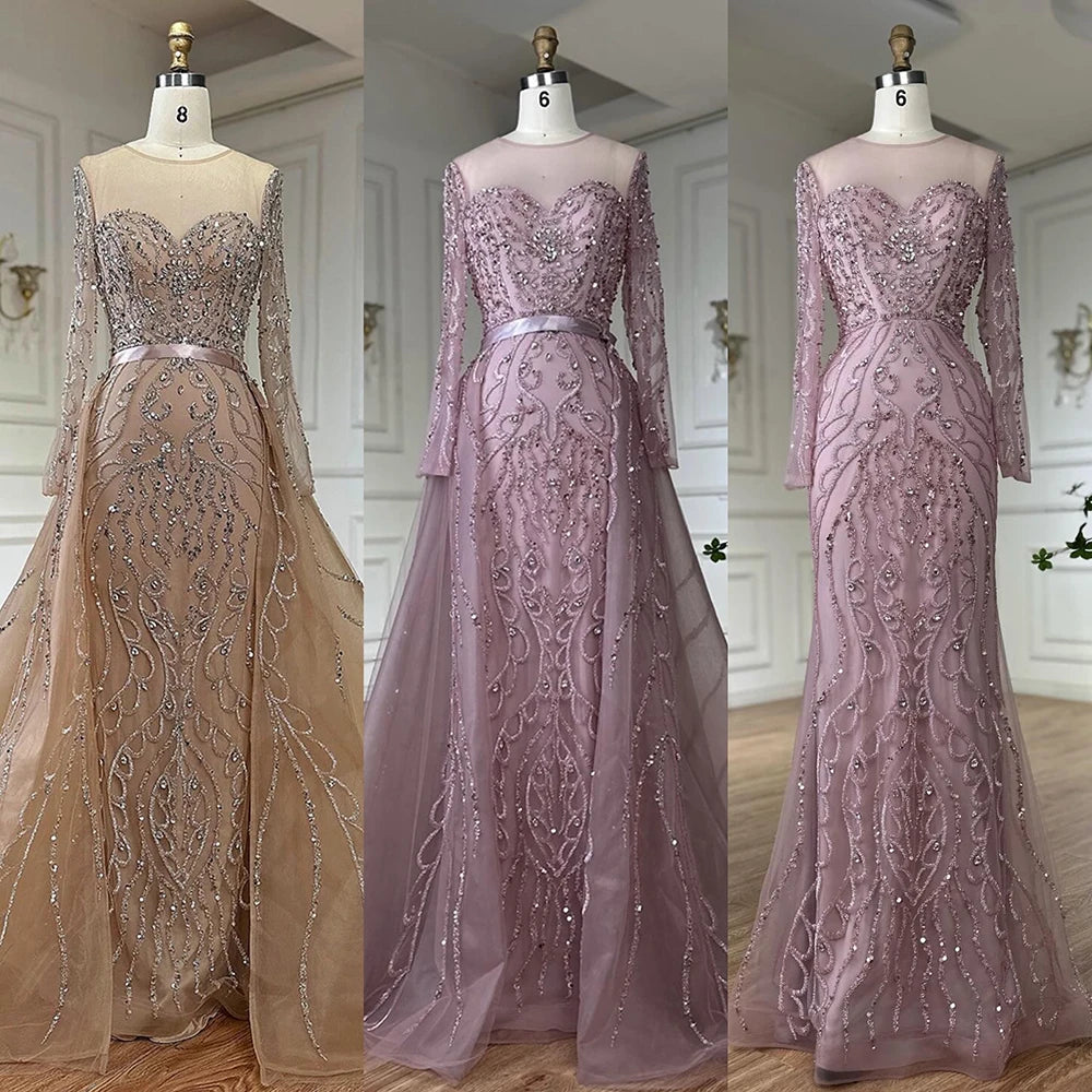 Serene Hill 2025 Customized Pink Beaded Saudi Arabic Mermaid Evening Dresses With Sheer Long Sleeves For Formal Occasion LA72875