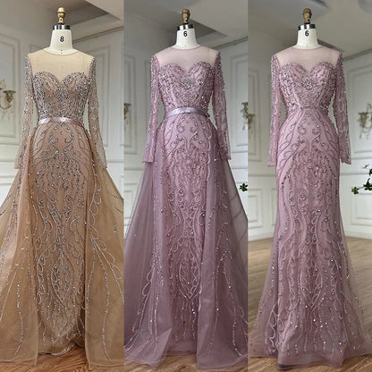 Serene Hill 2025 Customized Pink Beaded Saudi Arabic Mermaid Evening Dresses With Sheer Long Sleeves For Formal Occasion LA72875