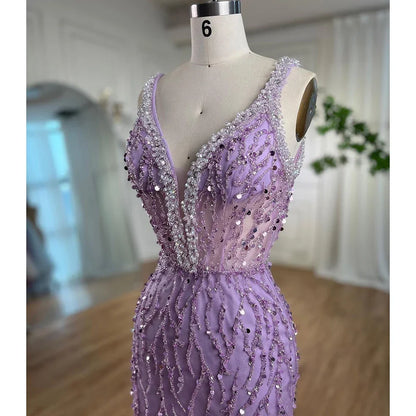 Serene Hill Pink Mermaid High Split Evening Dresses Feather Beaded Gowns Long 2025 For Women Wedding Party LA72152 Customized