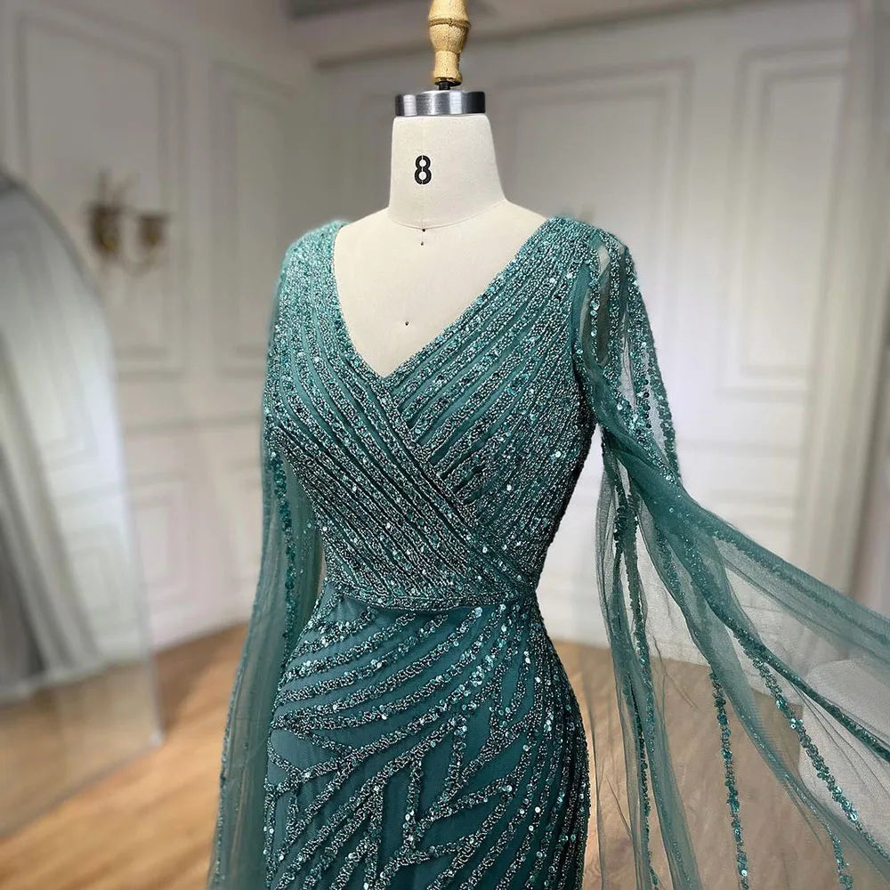 Serene Hill Arabic Mermaid Blue Beaded  Cape   Evening Dress Gown  2025 LA71493A Customized