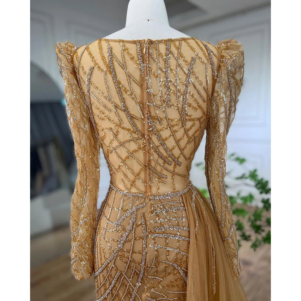 Serene Hill Muslim Gold Mermaid Beaded  Dubai Evening Dresses Gowns With Overskirt 2025 For  Party LA72206 Customized