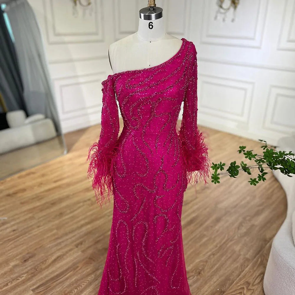 Serene Hill Blue Mermaid Elegant One-Shoulder Beaded Feathers  Evening Dress Gown for 's Wedding Party 2025 LA72395 Customized