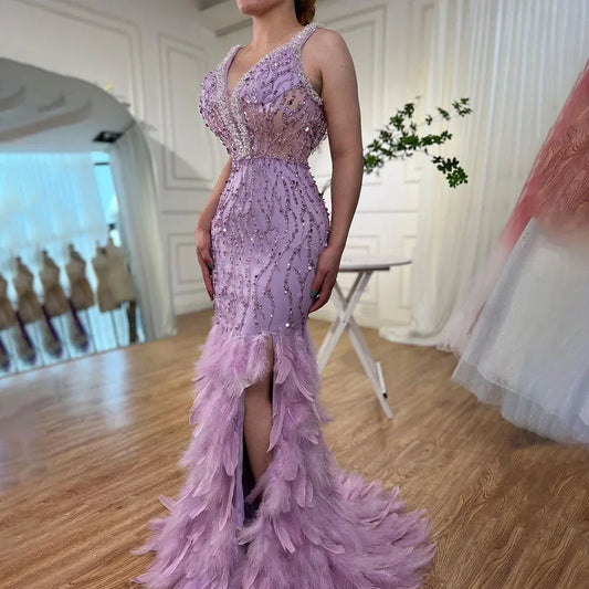 Serene Hill Pink Mermaid High Split Evening Dresses Feather Beaded Gowns Long 2025 For Women Wedding Party LA72152 Customized
