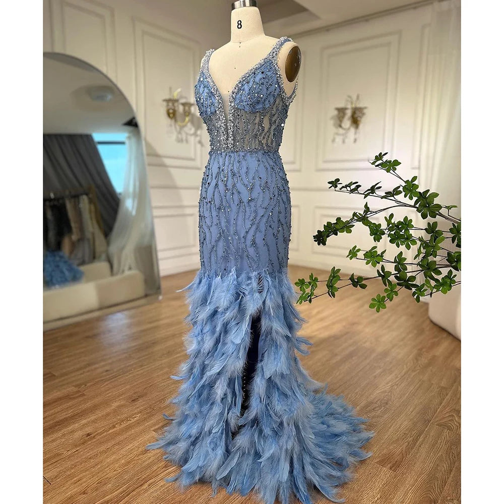 Serene Hill Pink Mermaid High Split Evening Dresses Feather Beaded Gowns Long 2025 For Women Wedding Party LA72152 Customized
