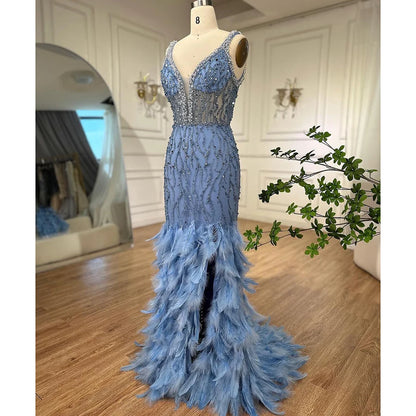 Serene Hill Pink Mermaid High Split Evening Dresses Feather Beaded Gowns Long 2025 For Women Wedding Party LA72152 Customized