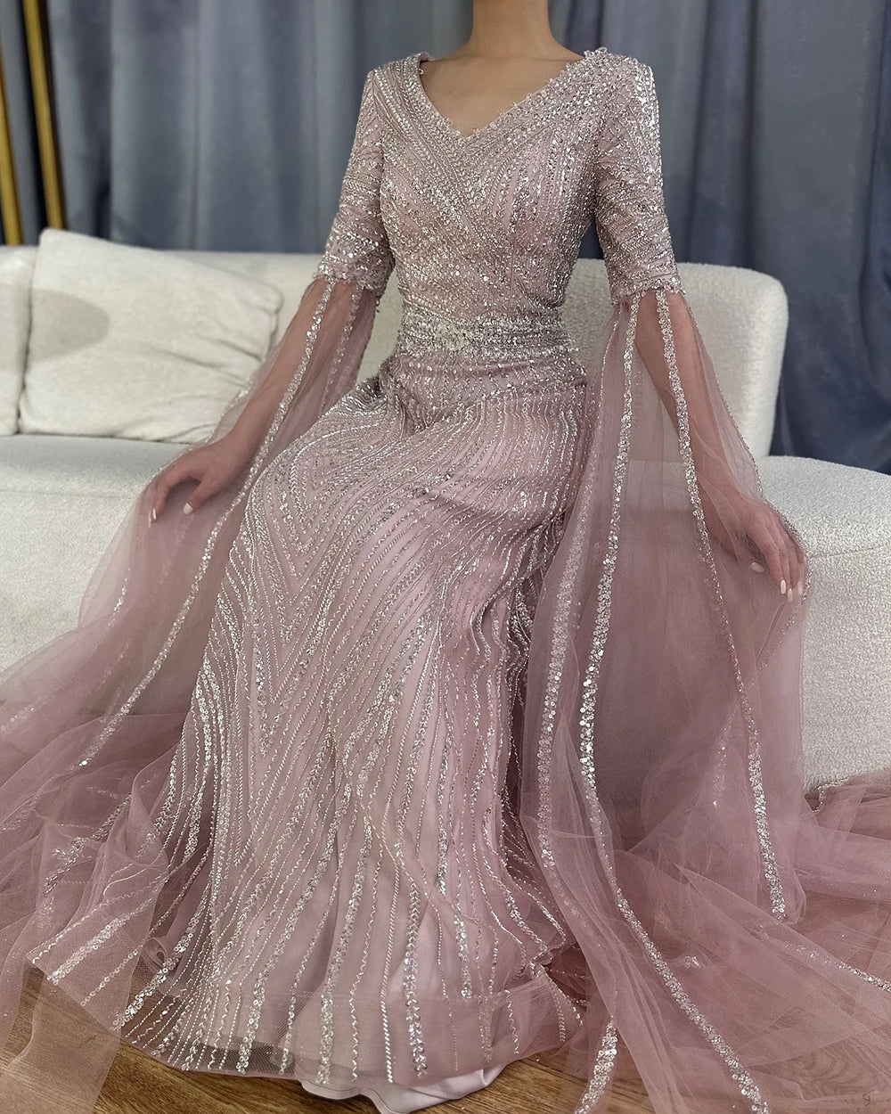 Serene Hill Customized 2025 Caramel A-Line Beaded Saudi Arabic Evening Dress with Cape Sleeves for Wedding Party LA72798