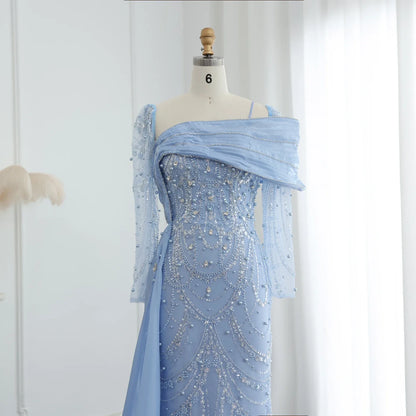 Sharon Said Nude Luxury Crystal Mermaid Evening Dress with Overskirt Long Sleeve Dubai Wedding Formal Prom Gown SS256 Customized