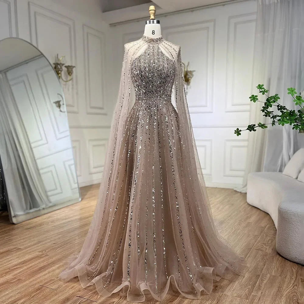 Serene Hill Arabic Turquoise A Line Cape Sleeve Beaded   Evening Dresses Gowns For Occasion 2025 LA72306A Customized