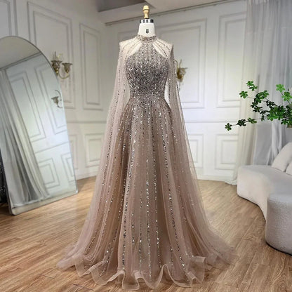 Serene Hill Arabic Turquoise A Line Cape Sleeve Beaded   Evening Dresses Gowns For Occasion 2025 LA72306A Customized