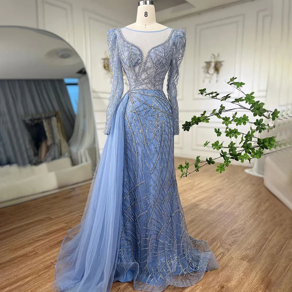 Serene Hill Muslim Gold Mermaid Beaded  Dubai Evening Dresses Gowns With Overskirt 2025 For  Party LA72206 Customized