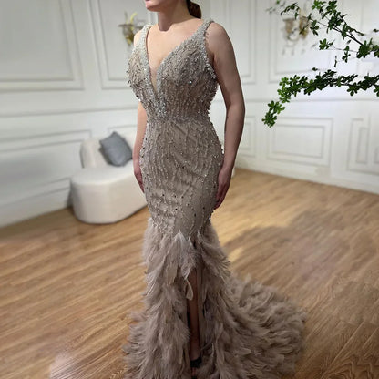 Serene Hill Pink Mermaid High Split Evening Dresses Feather Beaded Gowns Long 2025 For Women Wedding Party LA72152 Customized