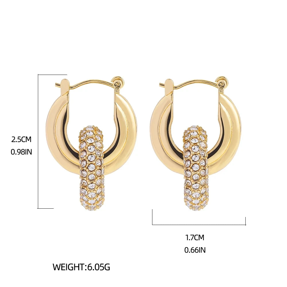 Punk Circle Pendant Shiny Rhinestone Stainless Steel Drop Earrings Bilayer Oval Round Rust Proof Party Zircon Huggie Jewelry New