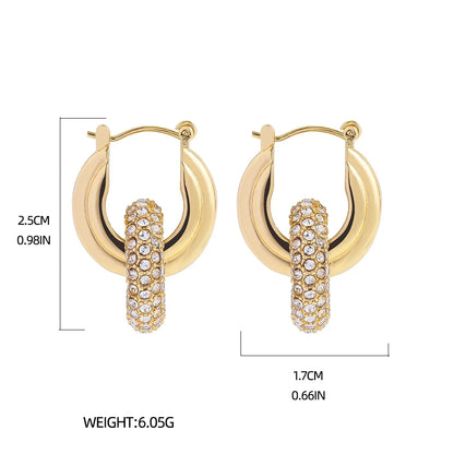 Punk Circle Pendant Shiny Rhinestone Stainless Steel Drop Earrings Bilayer Oval Round Rust Proof Party Zircon Huggie Jewelry New